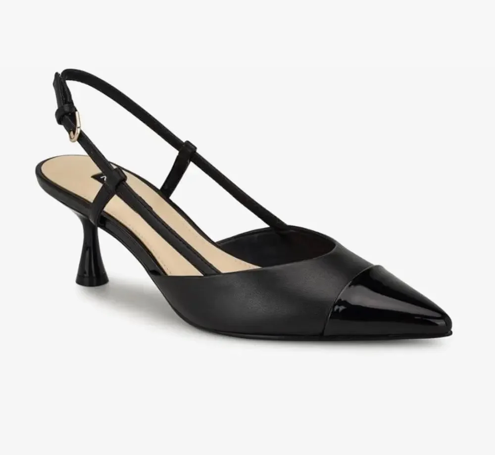 Nine West Women's Black Rizzy Slingback Kitten Faux Leather Heels 7.5 NEW - Picture 1 of 8